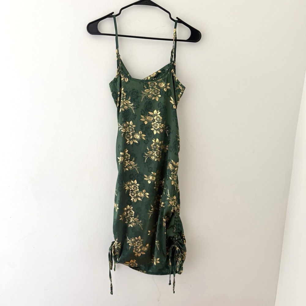 Y2K Green Gold Floral Satin Slip Dress XS Cowl Neck Ruched Fairy Grunge Mini - Picture 2 of 9
